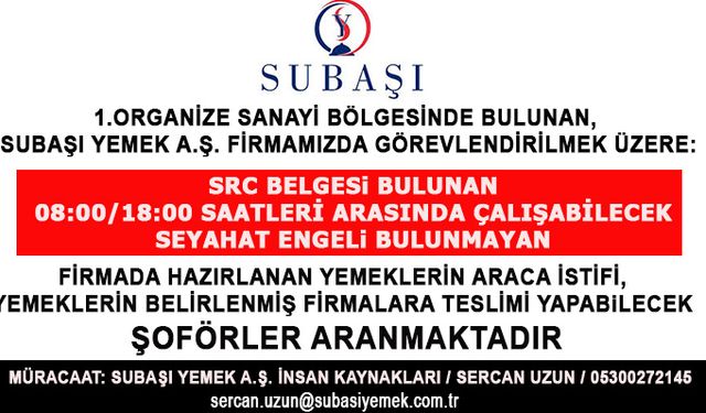 SUBAŞI YEMEK PERSONEL İLANI