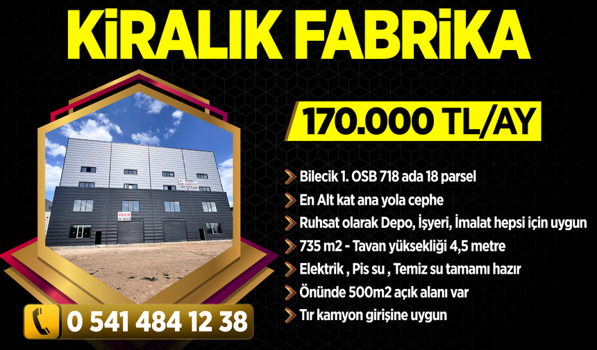 Bilecik'te kiralık fabrika
