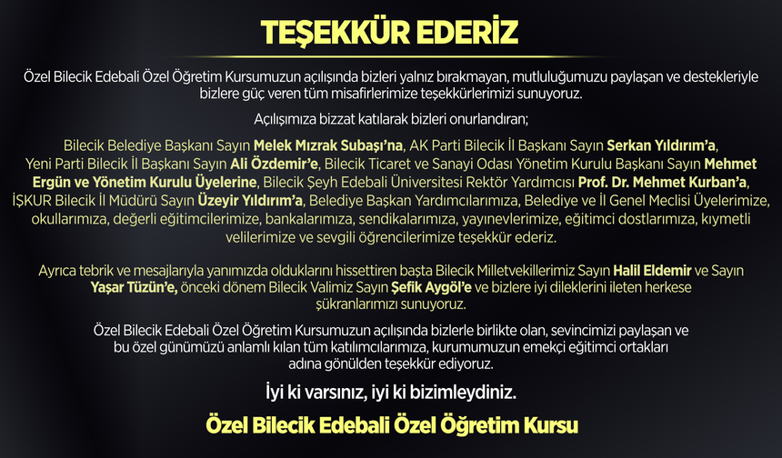 Özel Bilecik Edebali Özel Öğretim Kursu'ndan Teşekkür