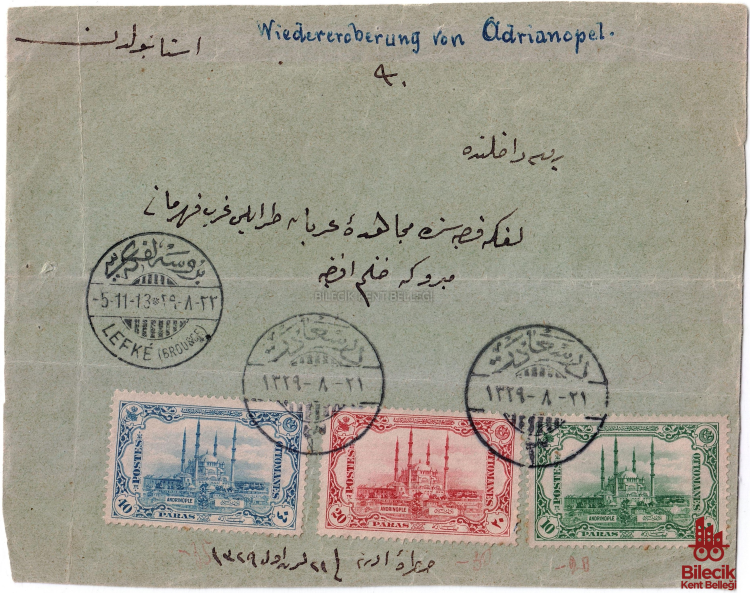 “Bursa Lefkesi” Damgalı 1913 Tarihli Zarf 10859