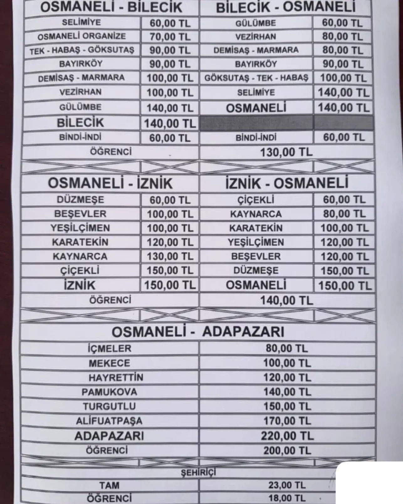 Osmaneli Ulaşımında Fiyatlar Güncellendi 9776