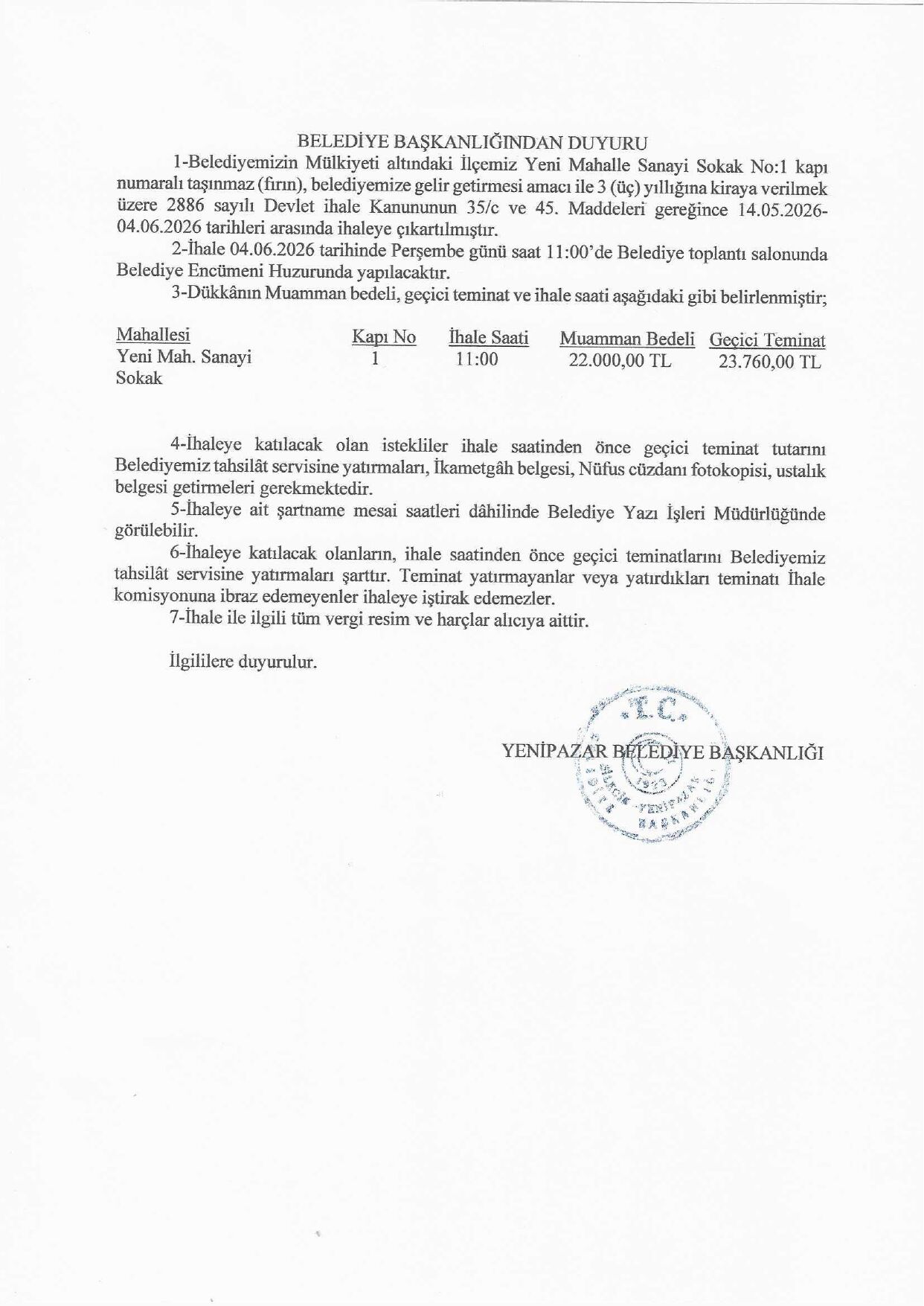 Yenipazar Belediyesi’nden Fırın İhalesi Duyurusu 14806