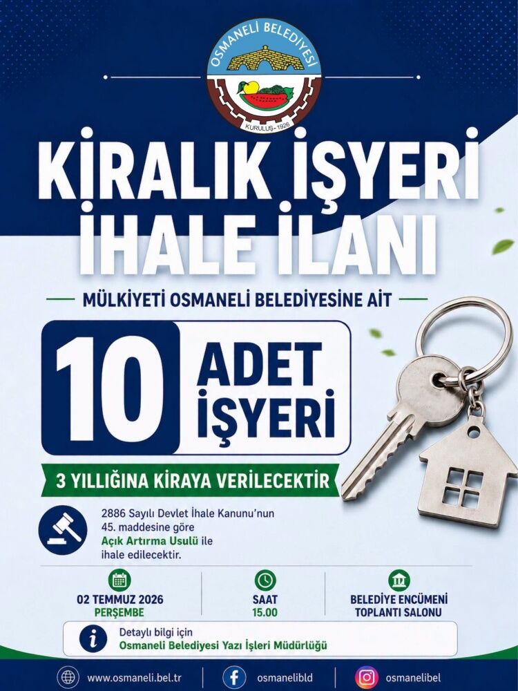 Osmaneli Belediyesi’nden 10 İşyeri İçin Kiralama İhalesi 16274