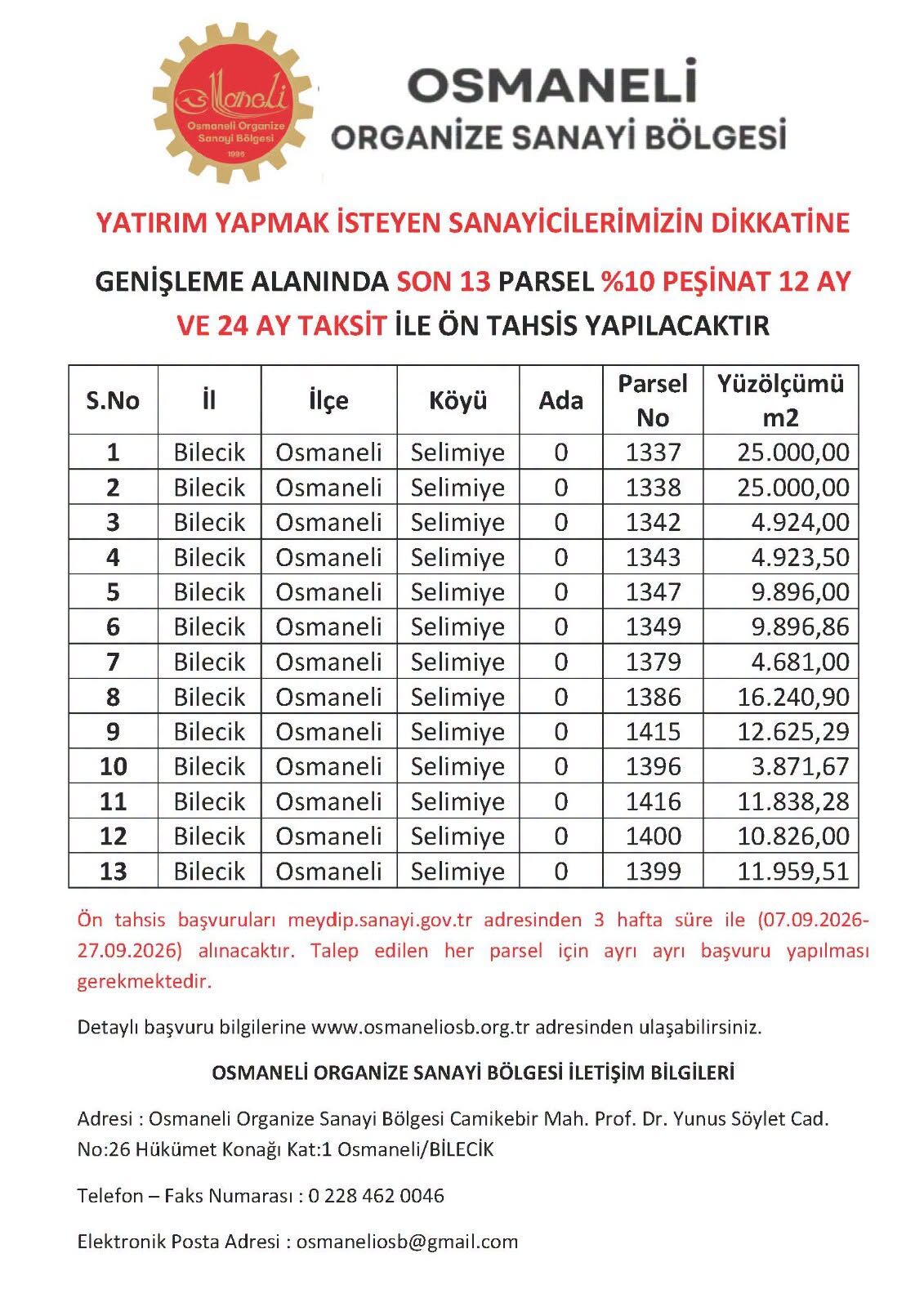 Osmaneli Osb’de Yatırım Için Son 13 Parsel 19162