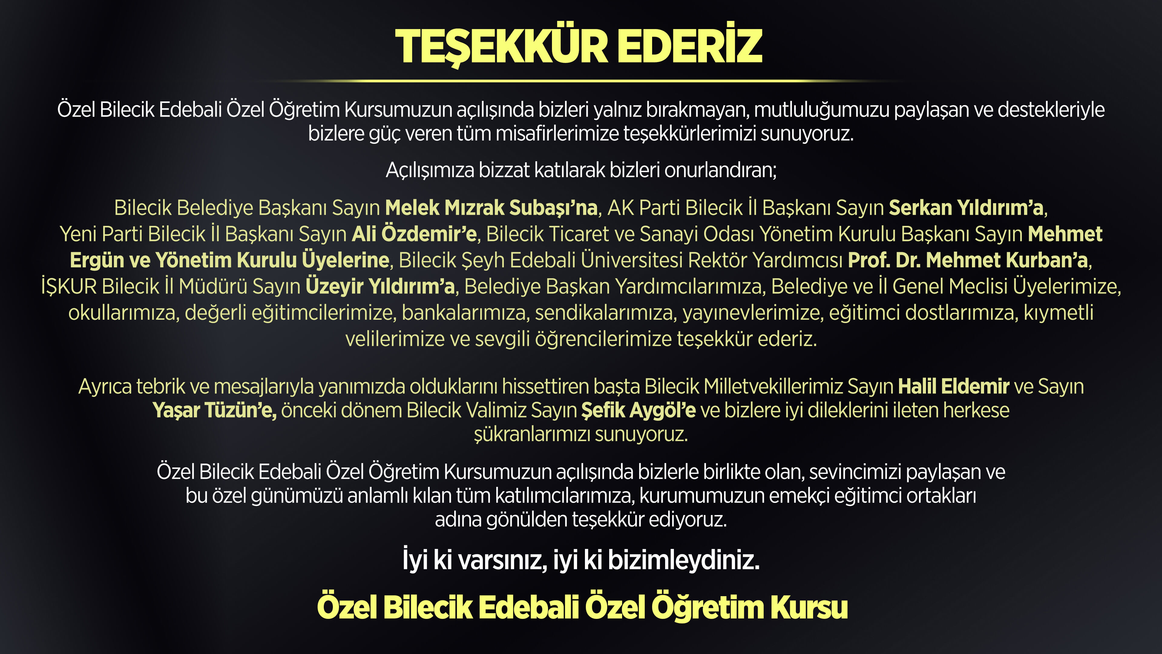 Özel Bilecik Edebali Özel Öğretim Kursu'ndan Teşekkür